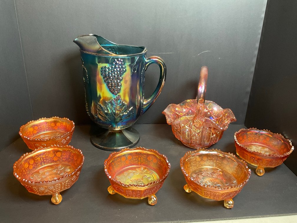 Indiana Glass Iridescent Blue Carnival Glass Harvest Grape Pitcher, Fenton Marigold Carnival Glass 3 Footed Butterfly Bowls & More