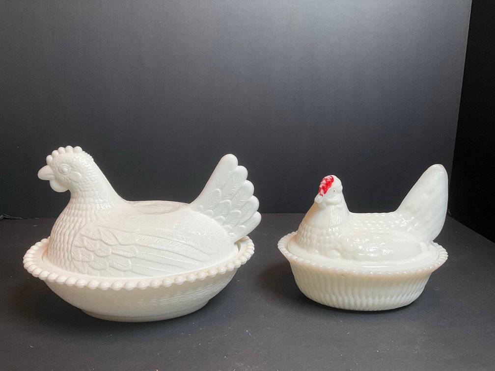 Indiana Glass Pressed Milk Glass Hen On Nest & Westmoreland Hen On Nest