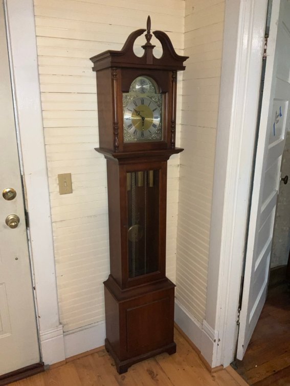 Howard Miller 1970's-1980's Tempus Fugit Wooden Westminster Grandfather Clock With Key