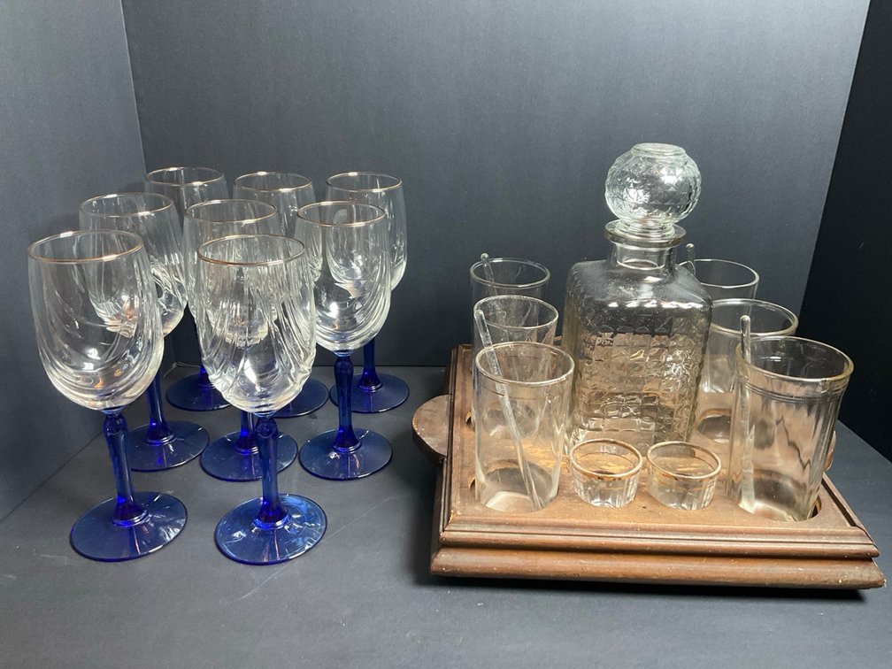 Set of 8 Classic Lenox Gold Rim With Cobalt Blue Stem Wine Glass & More