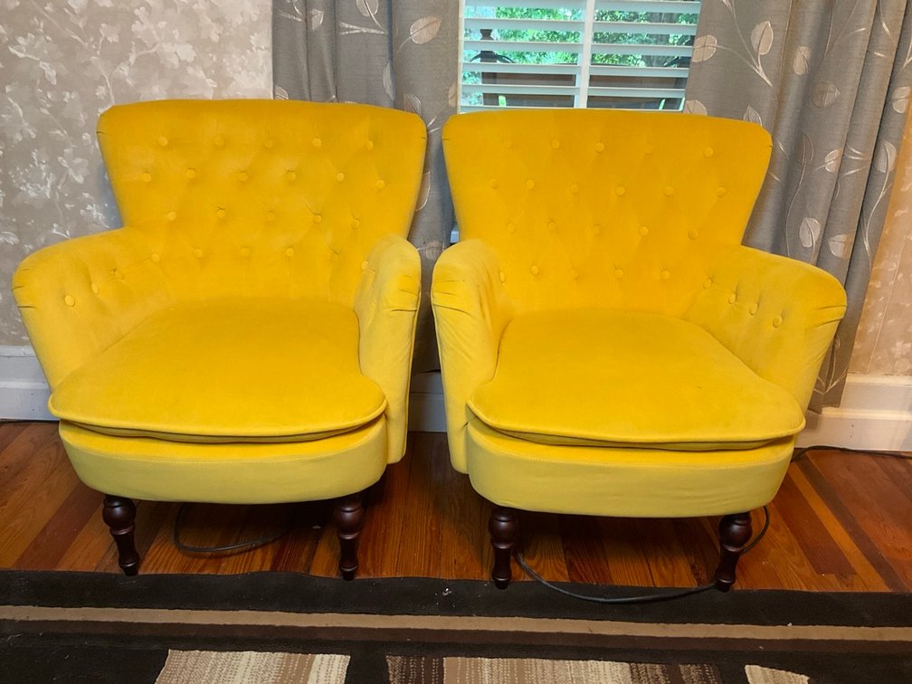Set of Yellow Button Tufted Chairs With Modern Wingback Design