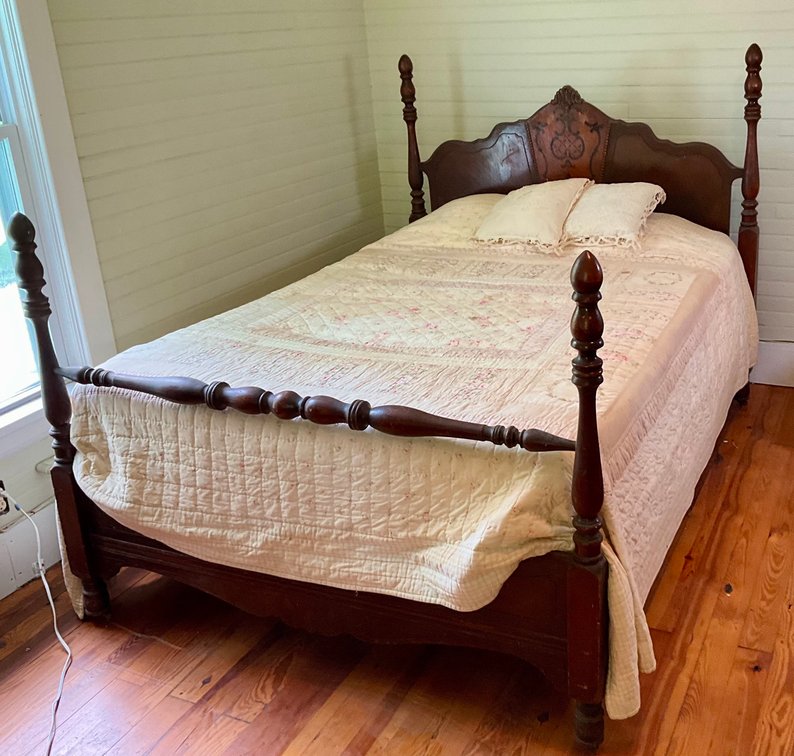 Antique Art Deco Style Full Size 4 Poster Bed With Carved Top Crest & Hand Painted Decorative Headboard