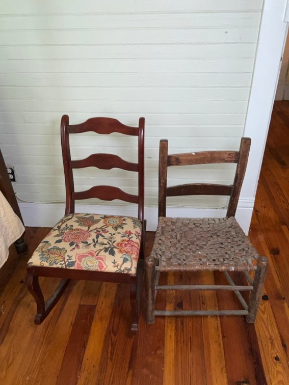 Statesville Chair Company Classic Ladderback Style Cherry Rocking Chair With Floral Upholstered Seat & Rustic Ladderback Chair With Woven Seat
