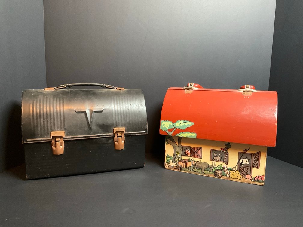 1940's V Victory Black Metal Thermos Dome Top Lunch Box & Hand Crafted Decorative Farm Themed Box/Purse