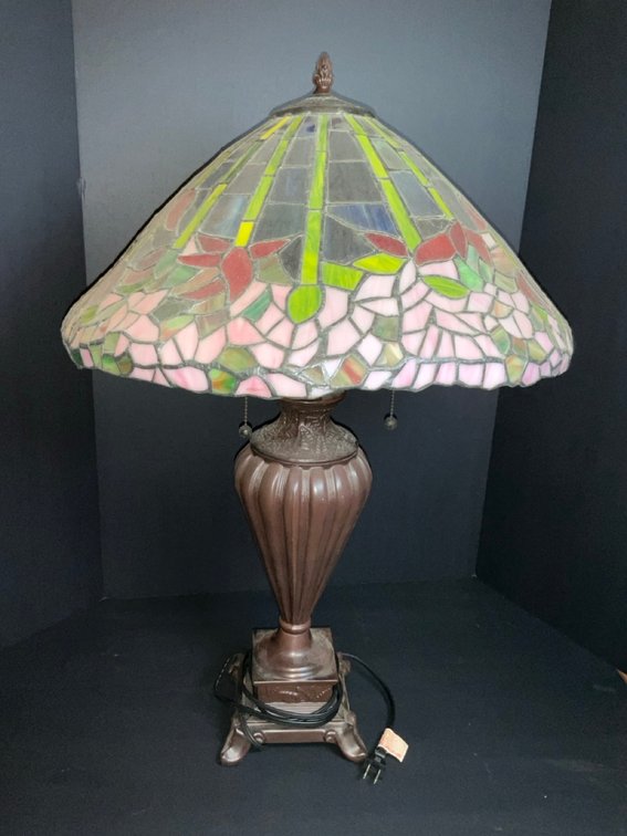 Tiffany Style Pink & Green Floral Stained Glass Lamp