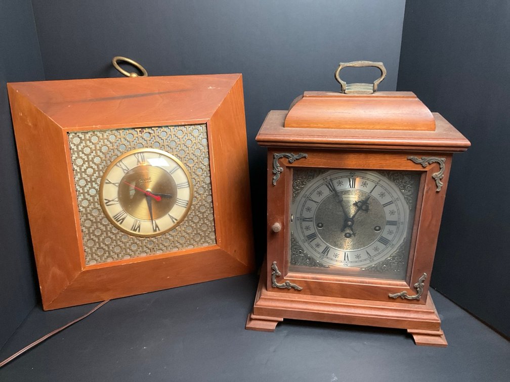 Classic Hamilton Westminster Chime Mantel Clock & United Corp Mid Century Electric Wall Clock