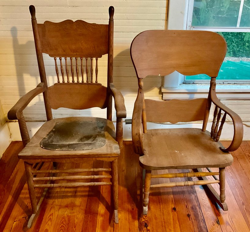 Antique Oak Rocking Chair With Carved Crest Rail, Spindle Accents & Leather Seat And More