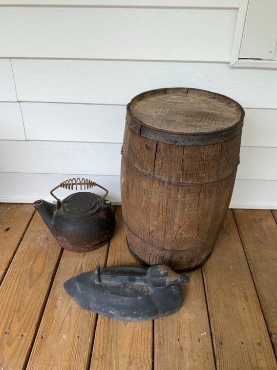 Cast Iron Duck Boot Scraper, Cast Iron Teapot & Wooden Nail Keg