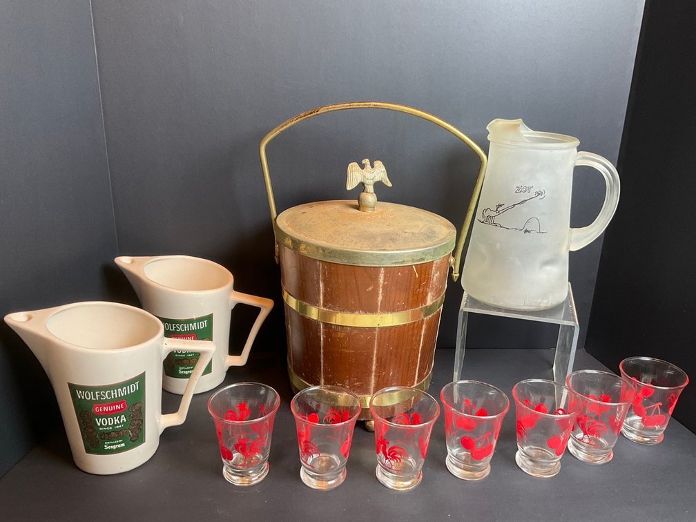 Wolfschmidt Vodka Ceramic Pitchers, Wooden Ice Bucket With Eagle Finial & More