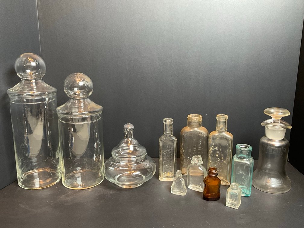 Antique Medicine Bottles, Apothecary Glass Jars With Lids & More