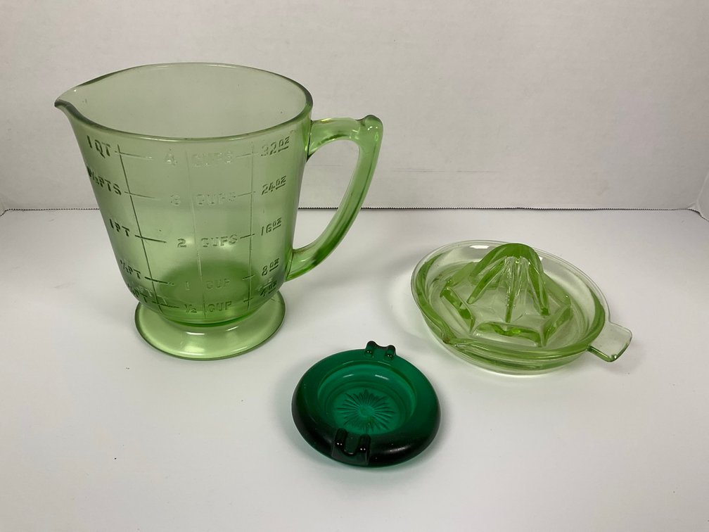Vintage Green Uranium Glass Batter Pitcher & Citrus Juicer With Emerald Ashtray