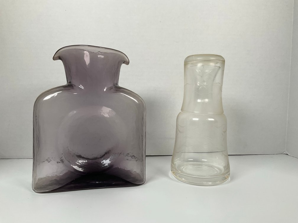 Blenko Amethyst Water Bottle Pitcher and Etched Glass Tumble Up Carafe