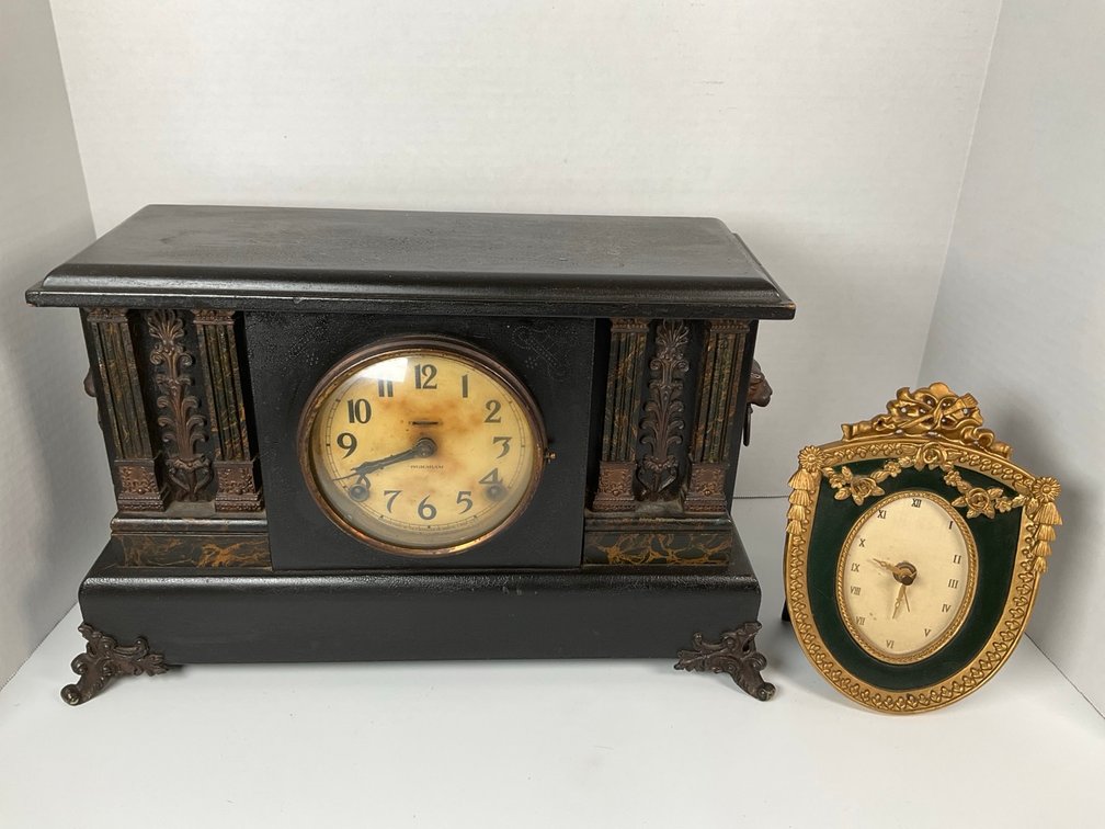 Antique Ingraham Black Mantel Clock and Rococo Style Desk Clock