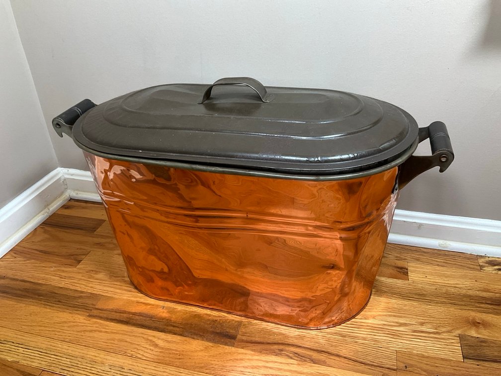 Antique Copper Wash Boiler Tub with Metal Lid and Wood Handles