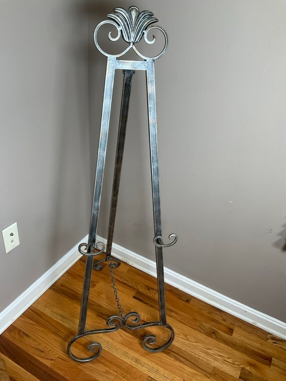Ornate Wrought Iron Floor Display Easel With Brushed Silver Finish