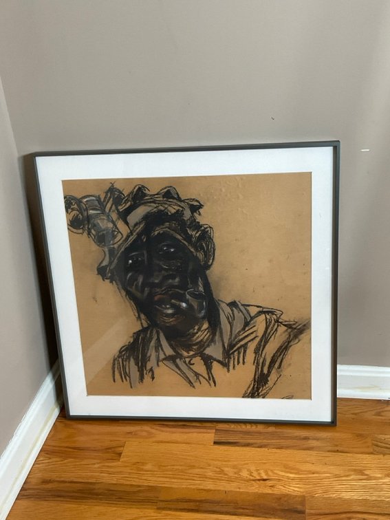 Framed Charcoal and Pastel Portrait of Miner Smoking Pipe