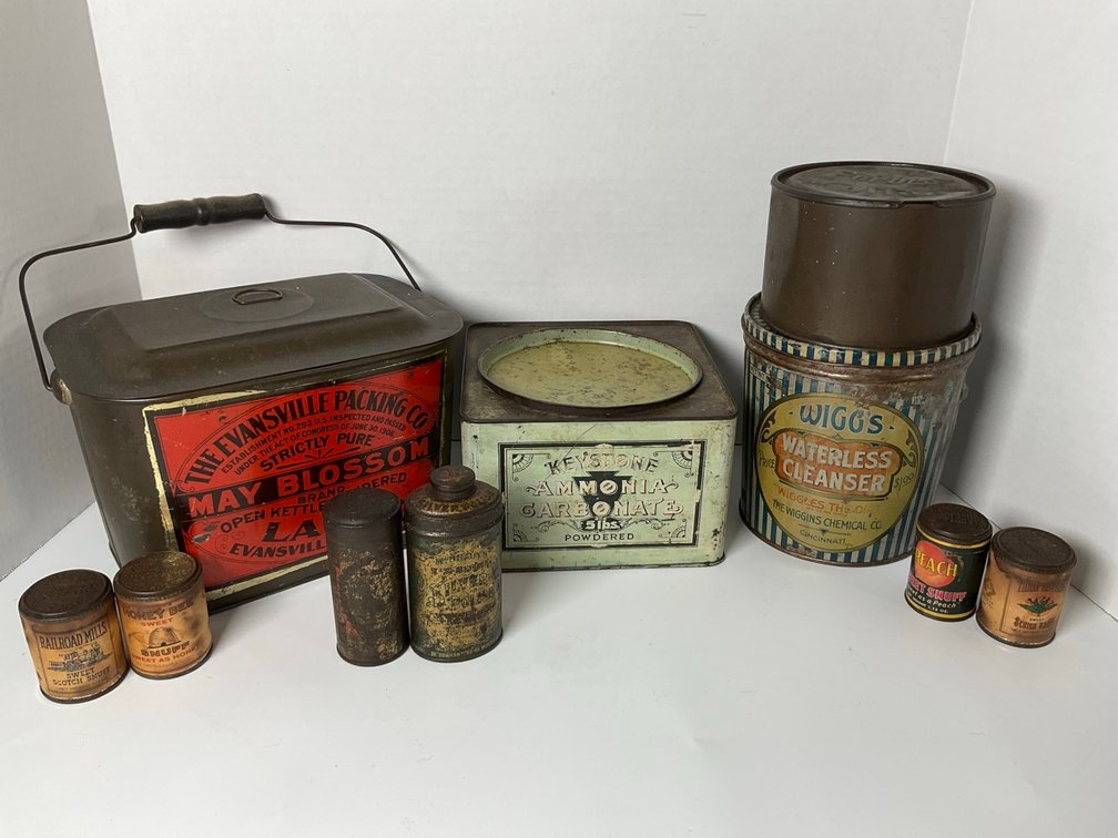 Antique General Store Advertising Tins With Lard Cleanser and Snuff Collection