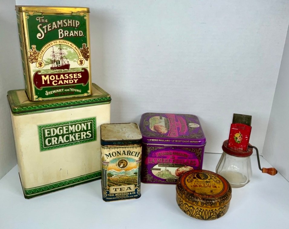 Antique Food Chopper and Lithograph Advertising Tins Lot