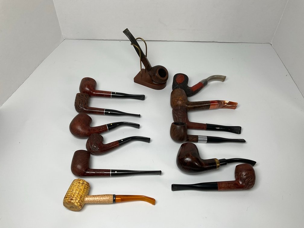 Briar Wood and Corncob Smoking Pipe Collection With Stand