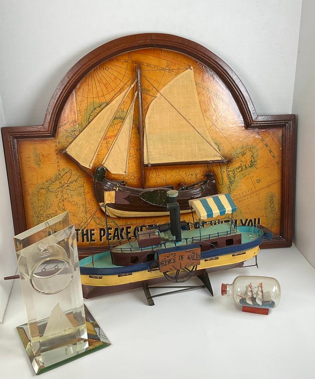 Maritime Decorative Group Including Ship Relief Wall Plaque And Steamboat Model