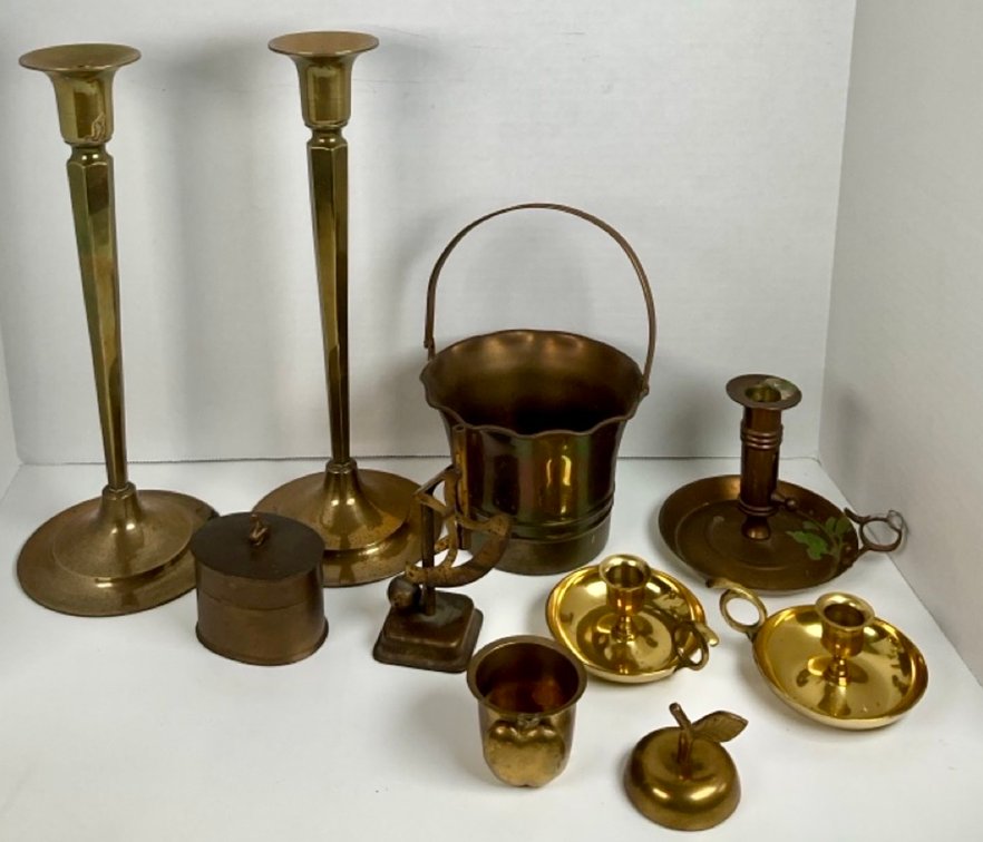 Antique and Vintage Brass Candlesticks, Chambersticks, Postal Scale, and Decorative Tableware