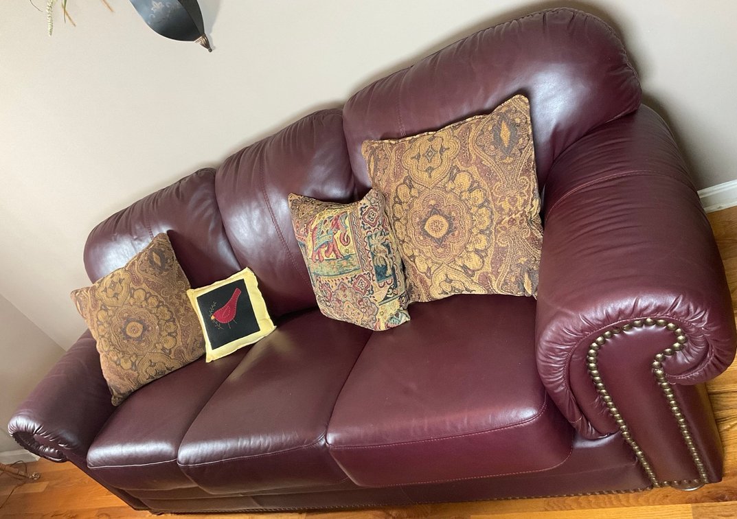 Burgundy Oxblood Faux Leather Three Cushion Rolled Arm Sofa
