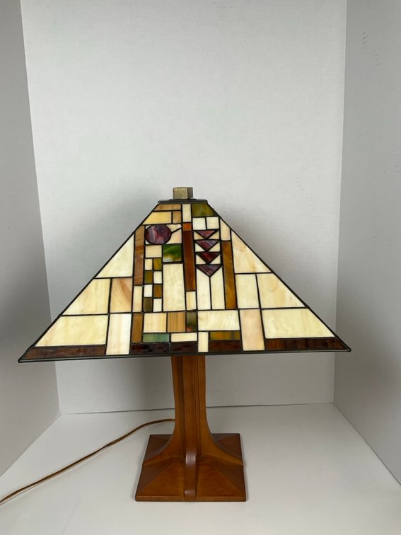 Prairie School Style Stained Glass And Wood Table Lamp