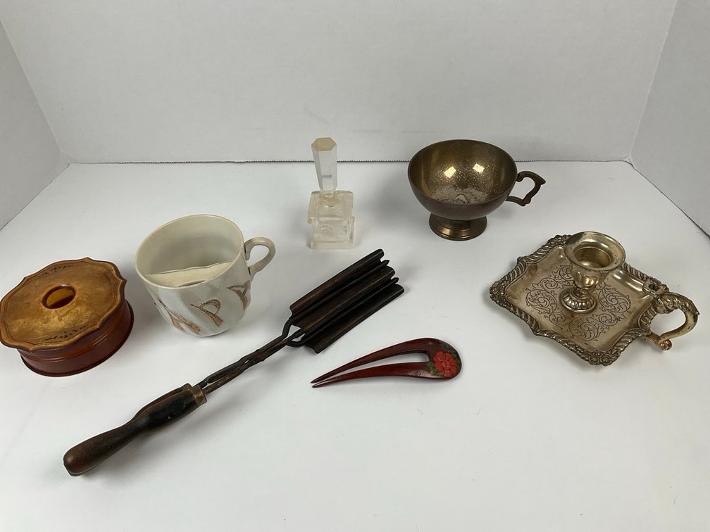 Antique Vanity and Shaving Group To Include Mustache Cup, Curling Iron, Chamberstick & More