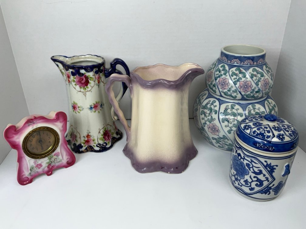 Antique Western Clock Co Porcelain Clock and Ceramic Pitchers Lot
