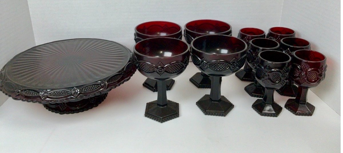 Avon 1876 Cape Cod Ruby Red Pedestal Cake Stand and Stemware