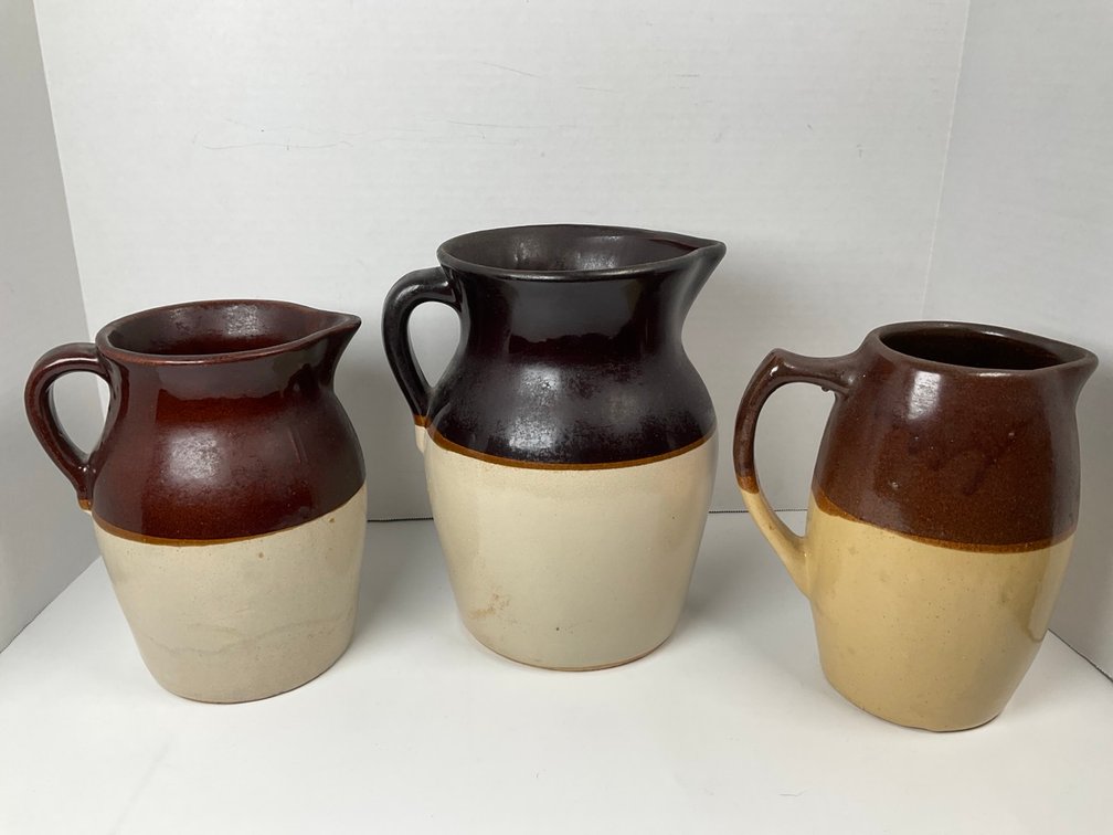 Antique Two-Tone Stoneware Farmhouse Pitchers Collection Lot