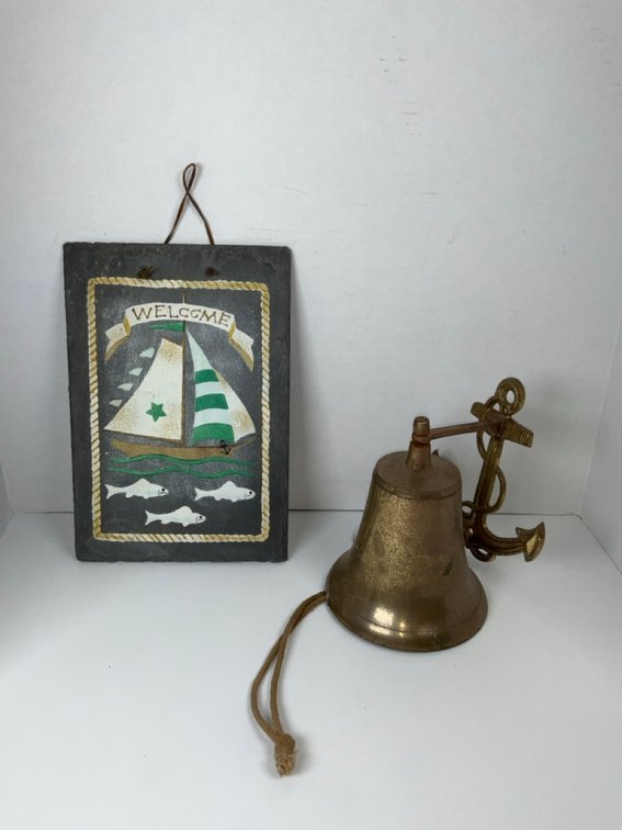 Maritime Wall Decor Featuring Sailboat Slate Sign and Brass Bell