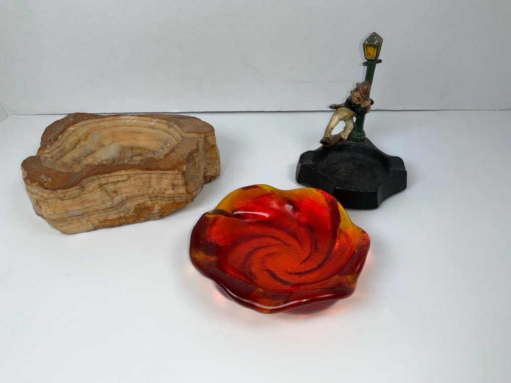 Amberina Glass, Cast Iron Lamp & Carved Alabaster Ashtray