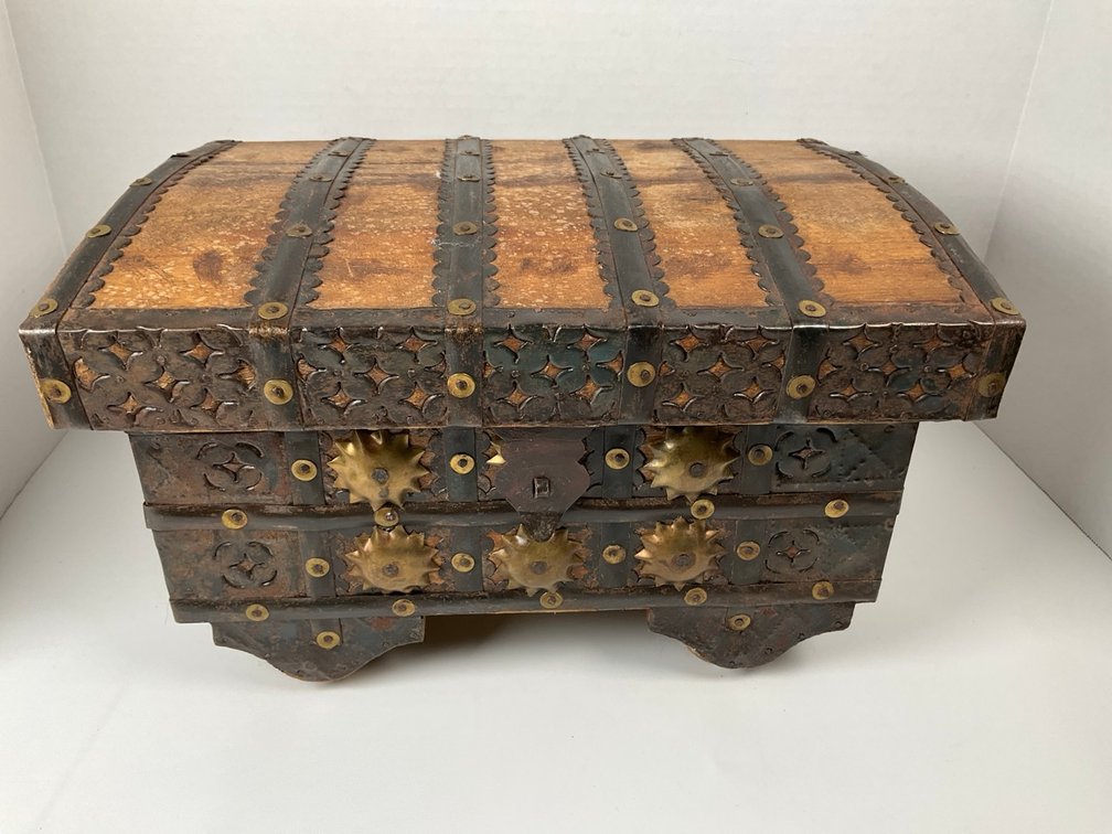 Antique Indian Pitara Rolling Wood Dowry Chest Brass Iron Mounts