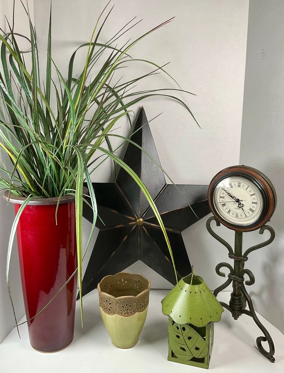 Eclectic Home Accents Including Pedestal Clock and Barn Star