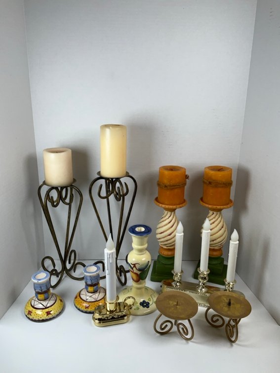 Assorted Candleholders, Pillar Candles, and Electric Candlestick Candelabra Collection