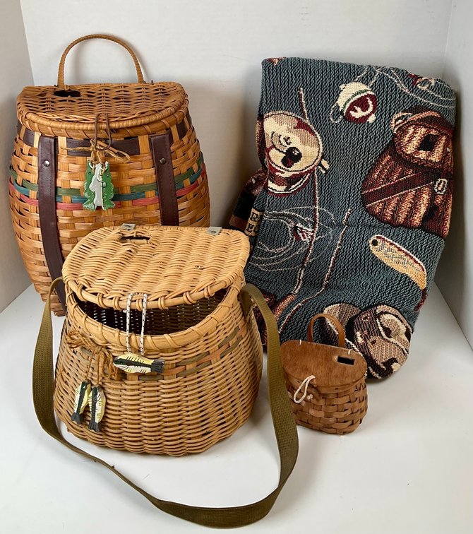 Woven Wicker Fishing Creel Baskets and Jacquard Tapestry Throw Blanket