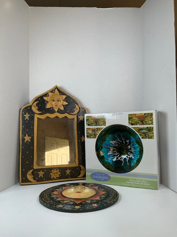 Celestial Wall Mirror, Garden Stake Birdbath and Home Accents Lot