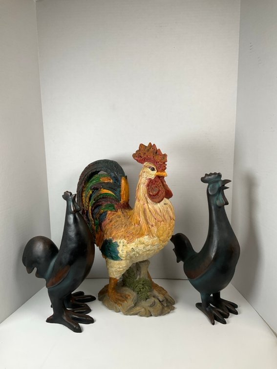 Rooster Figurines and Country Farmhouse Tapestry Placemat Table Linens Lot