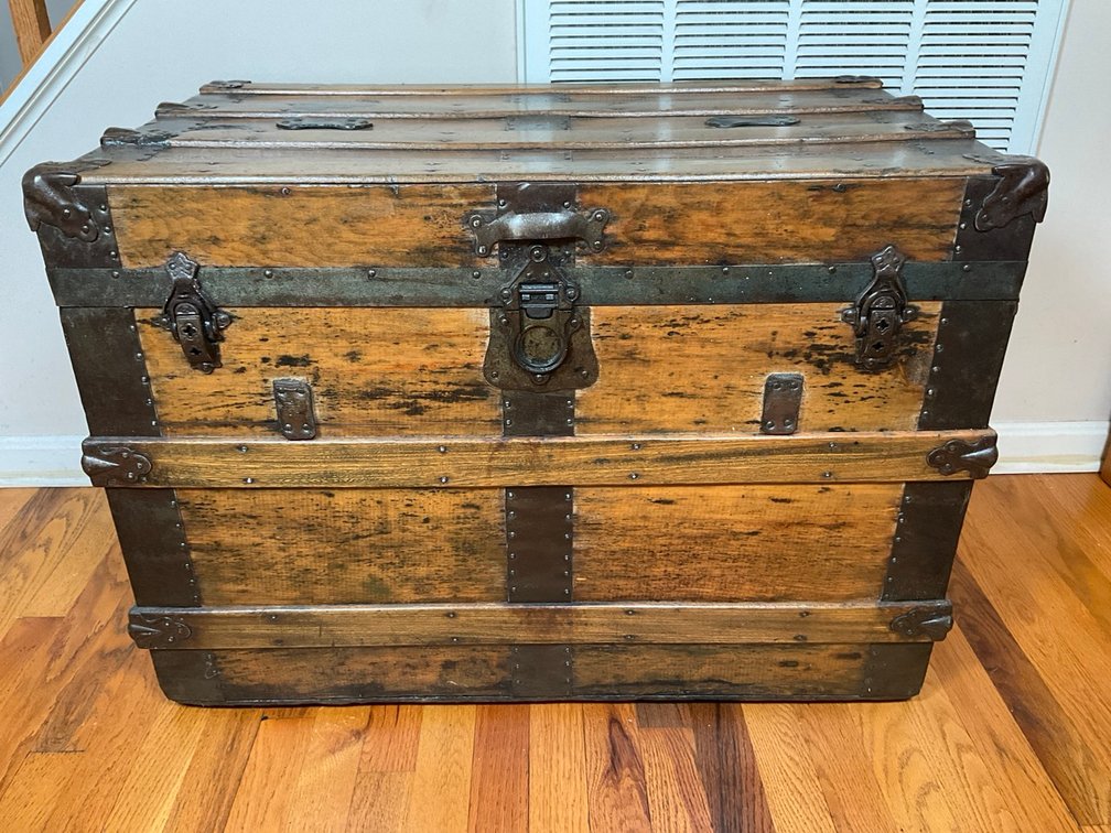 Antique Late 19th Century American Flat Top Wood Steamer Trunk