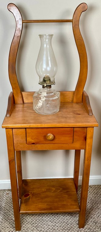 Lamplight Farms Glass Kerosene Lamp and Lyre Back Wood Stand