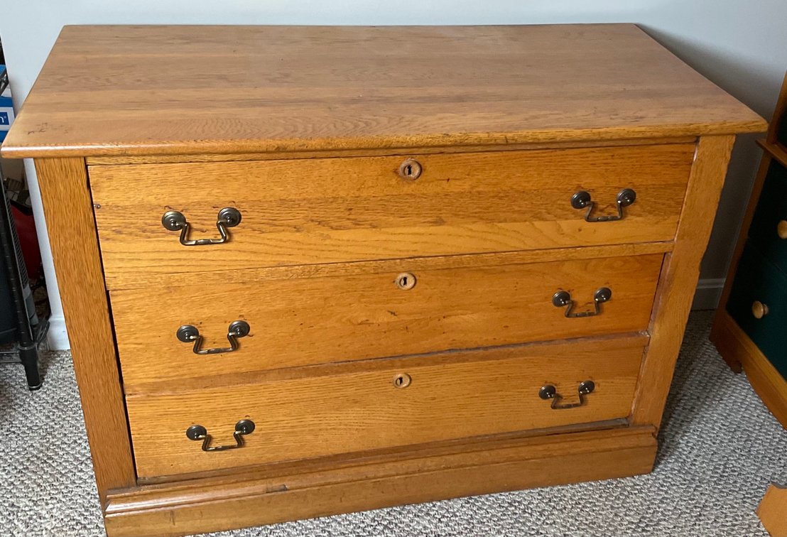Antique Golden Oak Three-Drawer Dresser With Carved Mirror