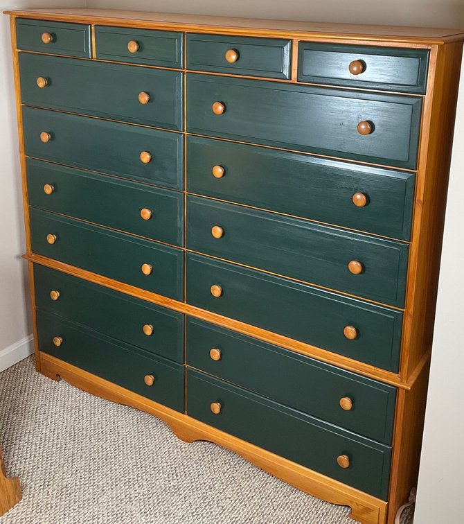 Refinished Pine Twelve Drawer Tall Chest in Dark Forest Green