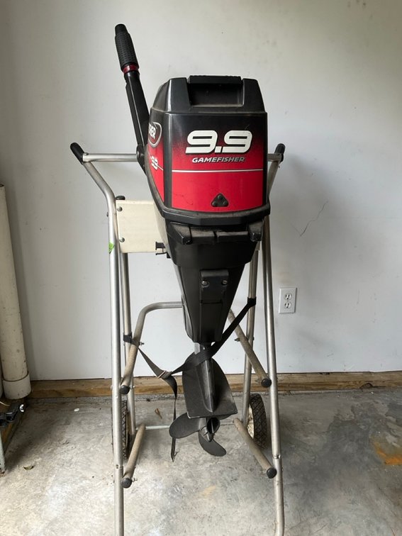 Gamefisher 9.9 HP Outboard Boat Motor on Rolling Stand