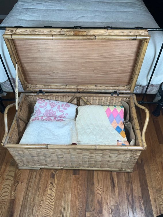 Wicker Bamboo Blanket Chest with Assorted Handcrafted Quilts