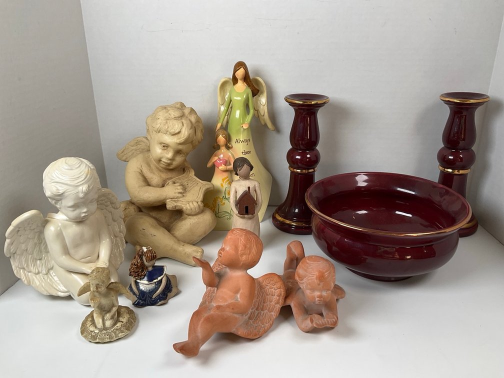 Royal Haeger Console Set and Assorted Cherub Figurines Lot