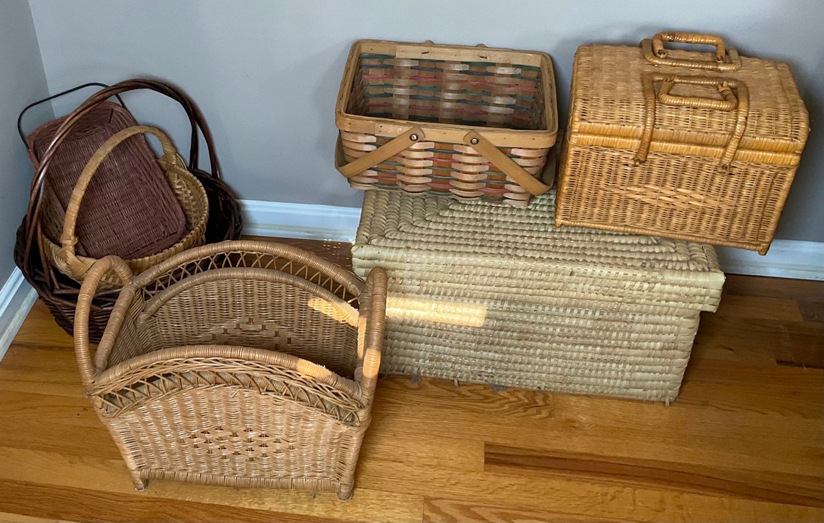 Woven Rattan Magazine Rack, Trunk and Assorted Wicker Baskets