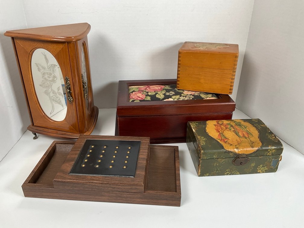 Assorted Jewelry Boxes and Valet Organizer Five Piece Collection