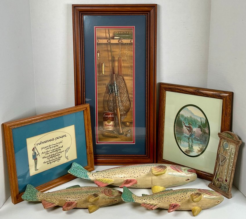 Fishing Motif Decor Lot Including Framed Art, Carved Trout And Pottery