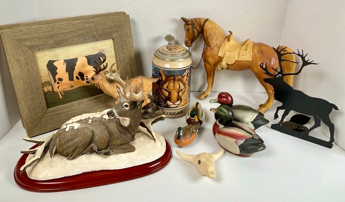 Wildlife Decor Lot With Budweiser Stein, Duck Decoys & Deer Figurines